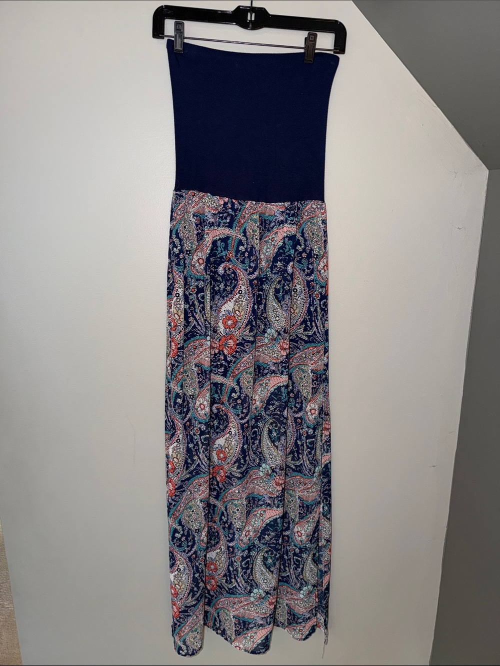 Love Ady Strapless Maxi Dress with Navy Bodice and Paisley Skirt